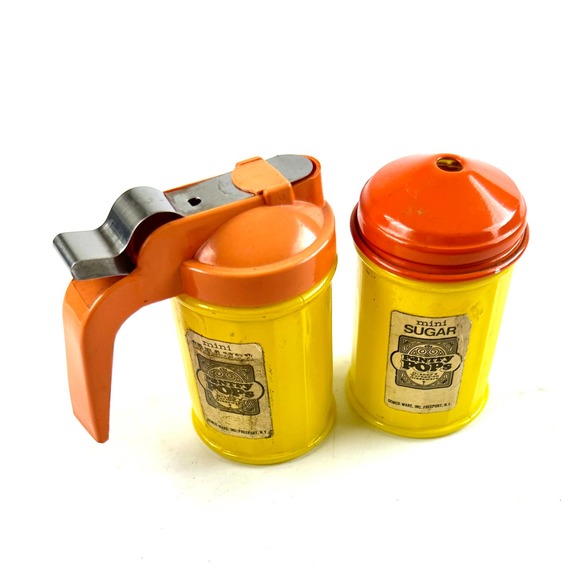 1970s Gemco Pantry Pops Cream or Syrup And Sugar Containers Yellow Orange Glass - Picture 2 of 11